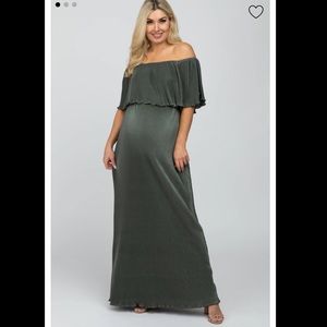 Olive Pleated Ruffle Off Shoulder Maternity Maxi Dress